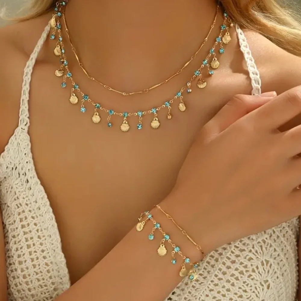 Blue Crystal & Shell Gold Toned Necklace & Bracelet Set - Picture 5 of 5